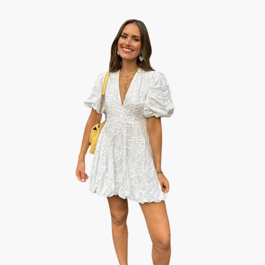 Women’s Dress with Puff Sleeves and Floral Embroidery
