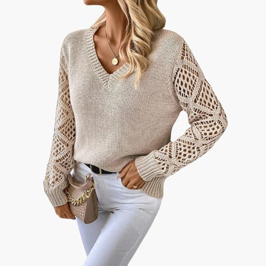 Jade | Stylish V-Neck Sweater With Handmade Details - Made by Jessica