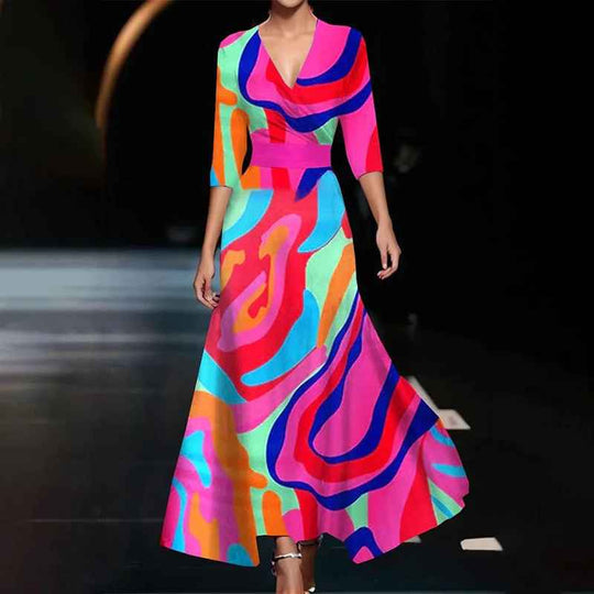 Women's Floral Maxi Dress with V-Neckline and Flowing Fit