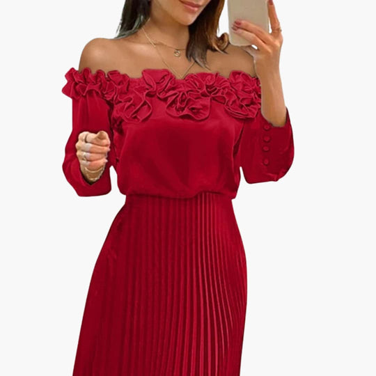 Women's Maxi Dress with Off-Shoulder Neckline and Floral Detail