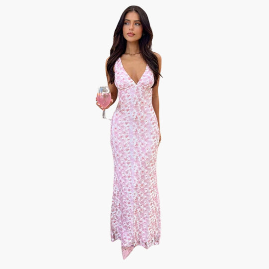 Women’s Maxi Dress with Lace Overlay and Open Back