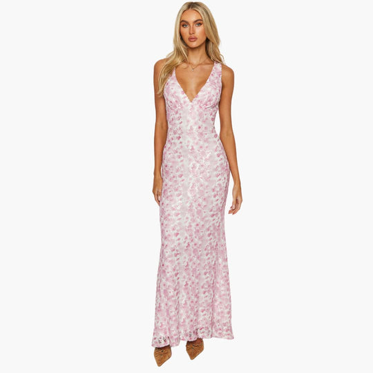 Women’s Maxi Dress with Lace Overlay and Open Back