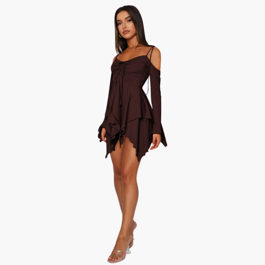 Women’s Mini Dress with Off-the-Shoulder Neckline and Layered Design