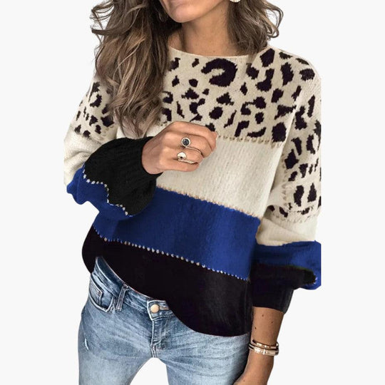Women's Leopard-Print Jumper with Crew Neck and Long Sleeves