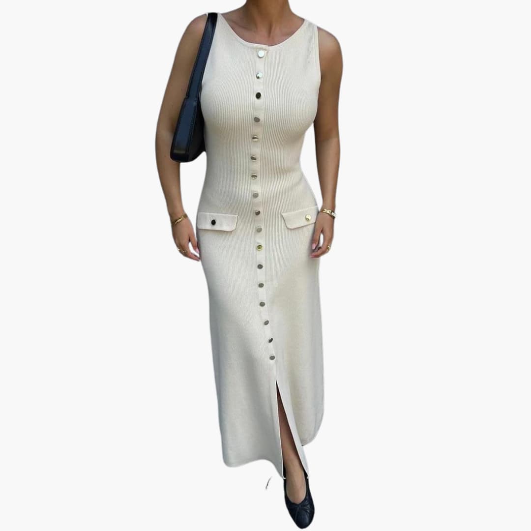 Women's Maxi Dress with Button-Front Fastening and Ribbed Texture