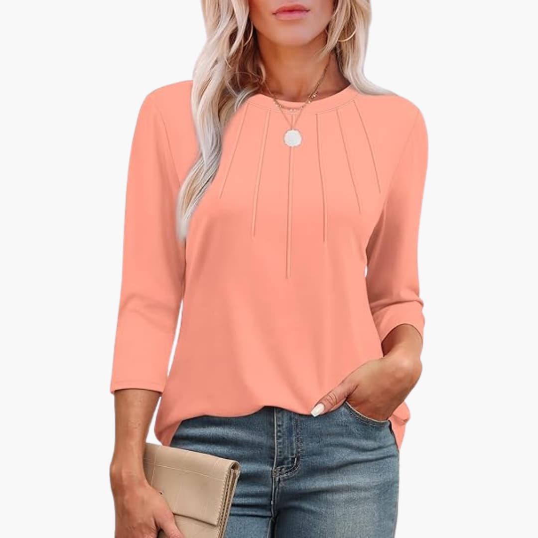 Women's Tunic Top with Pleated Front and 3/4-Length Sleeves