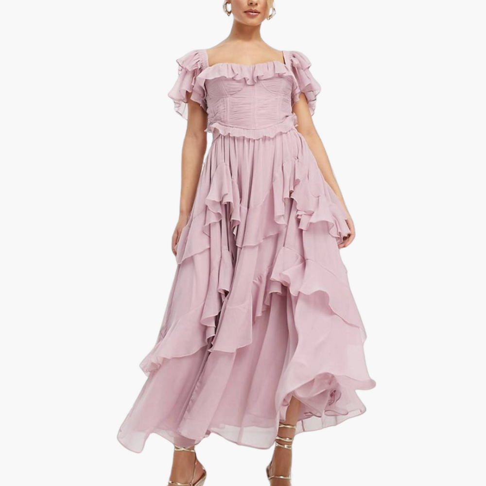 Women’s Off-Shoulder Dress with Layered Ruffles and Flowing Skirt