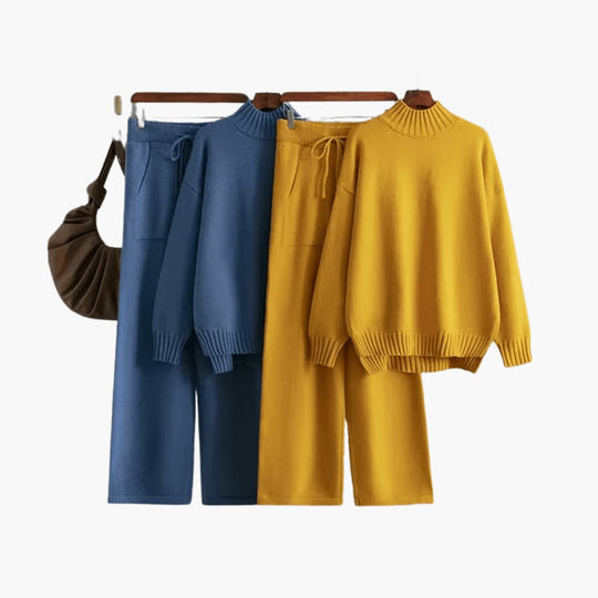 Women's Turtleneck Jumper Set with Relaxed Fit and Wide-Leg Trousers