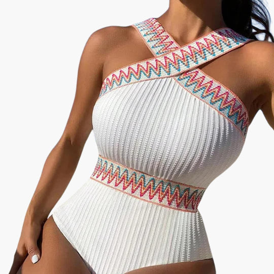 Women’s One - Piece Swimsuit with Striped Pattern and Integrated Shaping Panel