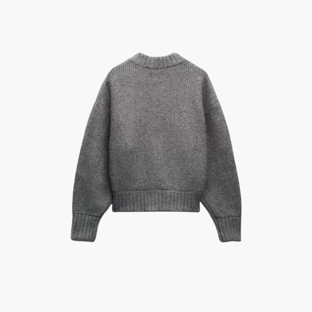 Women's Cropped Chunky Knit Cardigan with Long Sleeves and Zip-Up Front