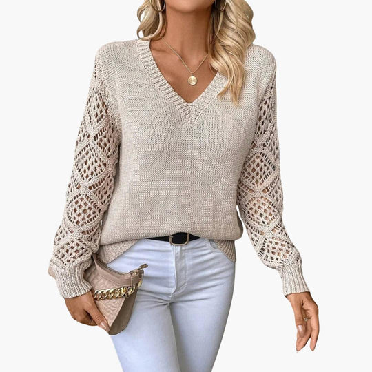 Jade | Stylish V-Neck Sweater With Handmade Details - Made by Jessica