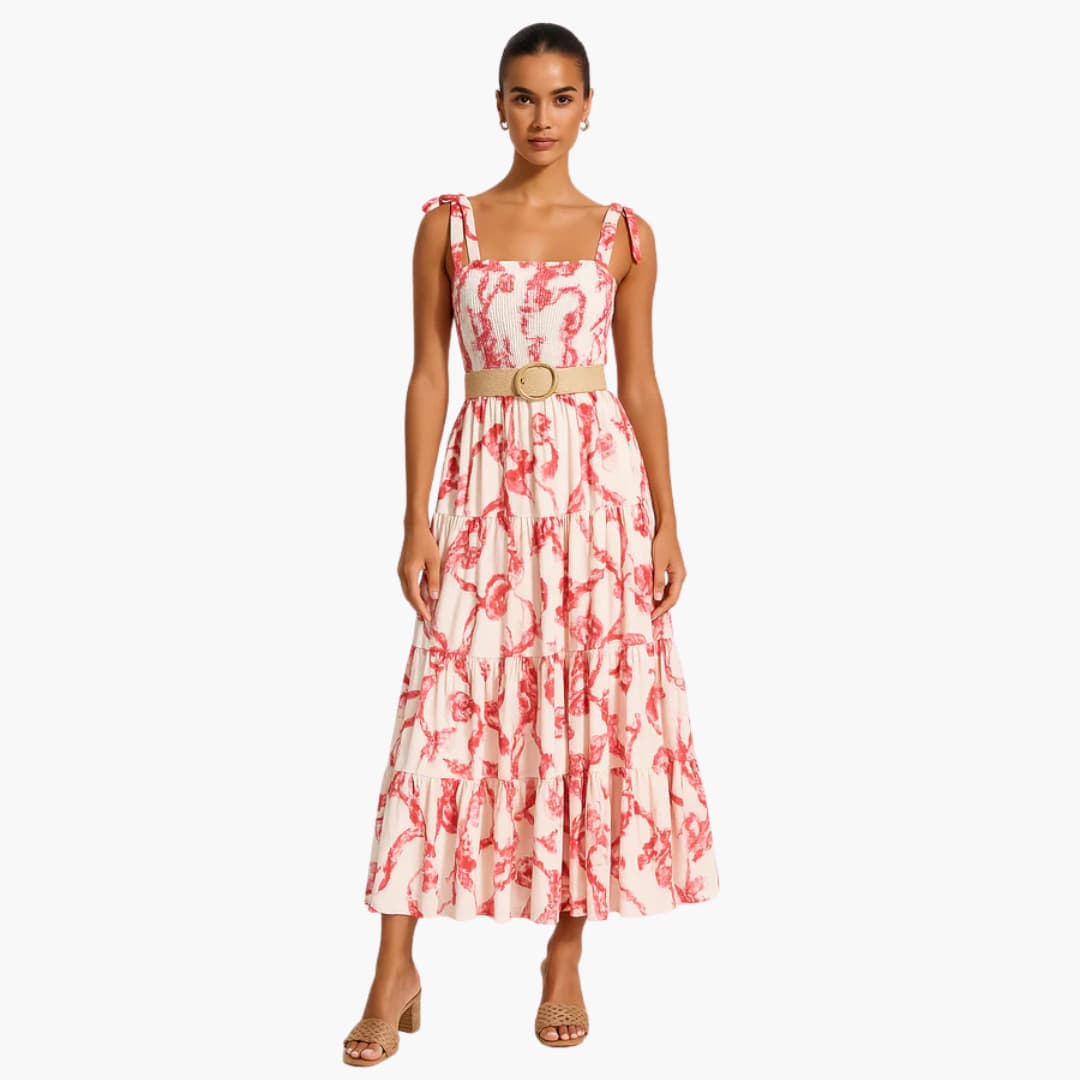 Women's Maxi Dress with Shirred Bodice and Tie Straps