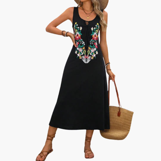 Women's Midi Dress with Keyhole Neck and Sleeveless Design