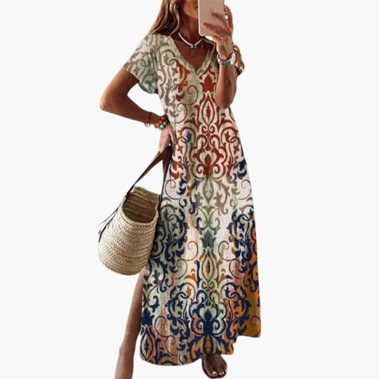 Women's Maxi Dress with V-Neck and Side Slit