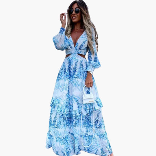 Women's Long Dress with Fitted Waist and Cut-Out Detail