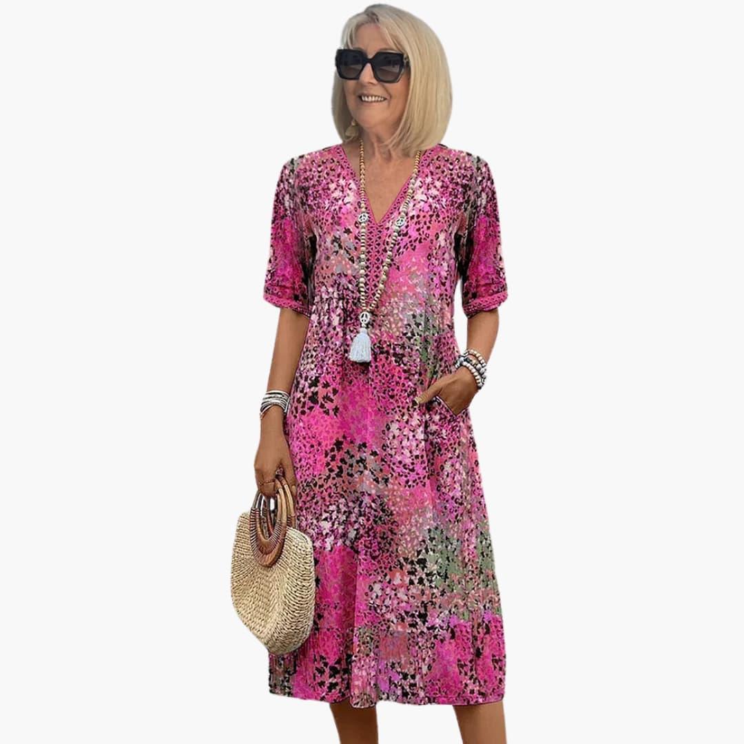 Women's Midi Dress with Short Sleeves and V-Neck in Floral Pattern