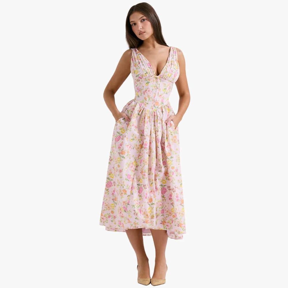 Women's Summer Midi Dress with Deep V-Neckline and Pockets