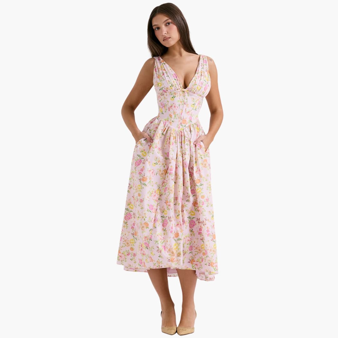 Women's Summer Midi Dress with Deep V-Neckline and Pockets