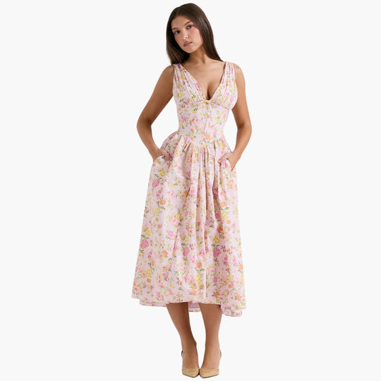 Women's Summer Midi Dress with Deep V-Neckline and Pockets