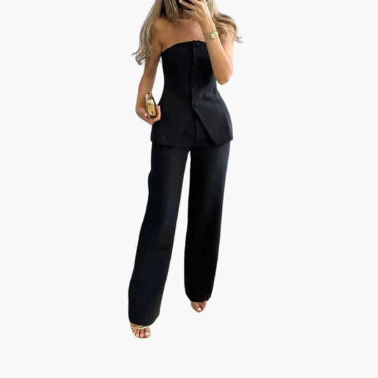 Women's Strapless Two-Piece Co-Ord Set with Strapless Top and Wide-Leg Trousers