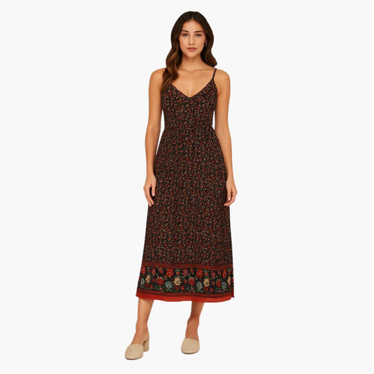 Women's Maxi Dress with Boho Floral Print and Thin Straps