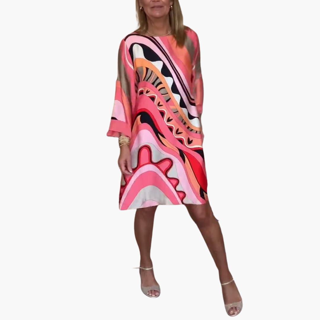 Women's Printed Midi Dress with Bell Sleeves and V-Neck