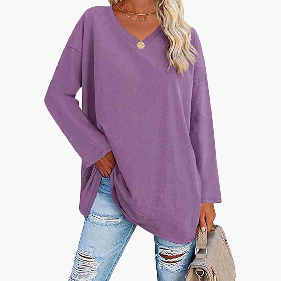 Women's V-Neck Blouse with Long Sleeves and Relaxed Fit