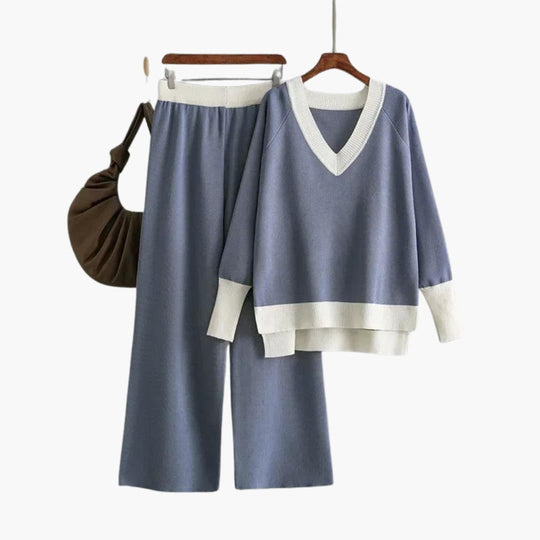 Women's Sweater Set with V-Neck Design and Wide-Leg Trousers