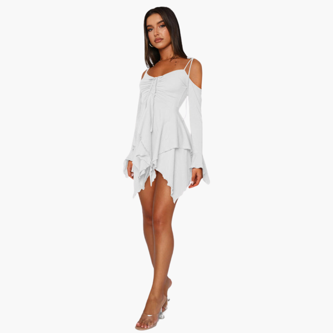 Women’s Mini Dress with Off-the-Shoulder Neckline and Layered Design