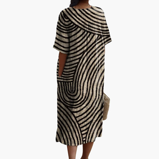 Women’s V-Neck Midi Dress with Short Sleeves and Graphic Line Pattern