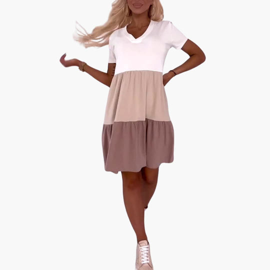 Women’s Dress with Short Sleeves and Colourblock Pattern