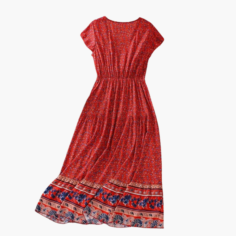 Women's Maxi Dress with V-neckline and Drawstring Waist