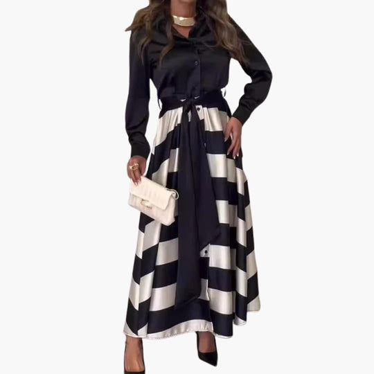 Women's Satin Maxi Dress with Long Sleeves and Waist Tie