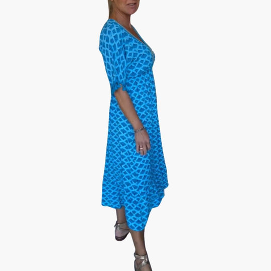 Women's Floral Print Midi Dress with Short Sleeves and V-neck