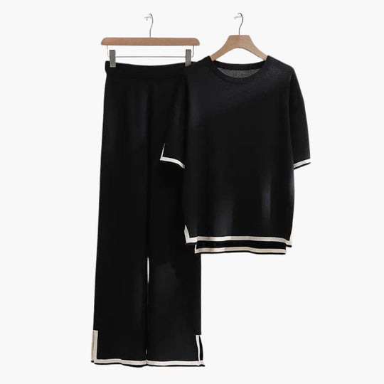 Women's Two-Piece Knit Set with Short-Sleeve Top and Wide-Leg Trousers
