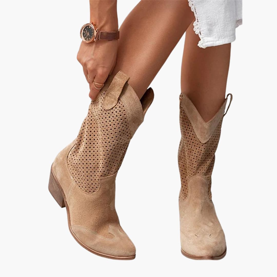 Women's Mid-Calf Boots with Perforated Upper and Low Block Heel