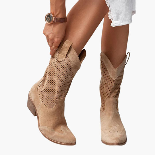 Women's Mid-Calf Boots with Perforated Upper and Low Block Heel