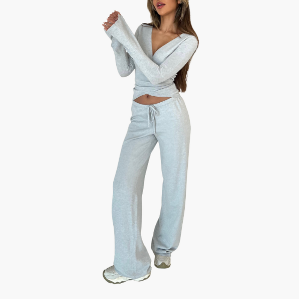 Women’s two-piece set with wrap top and trousers