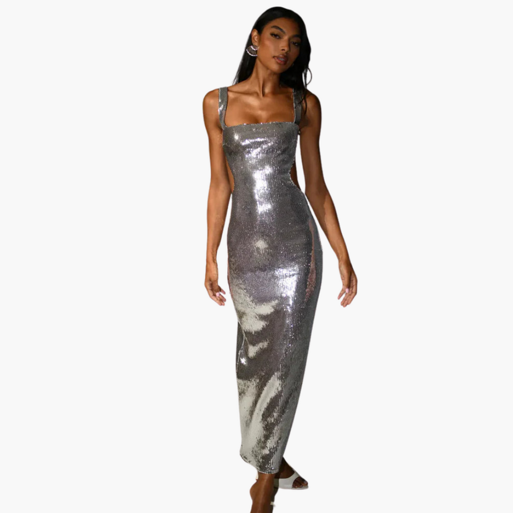 Women’s Evening Gown with Square Neck and Sequin Detailing