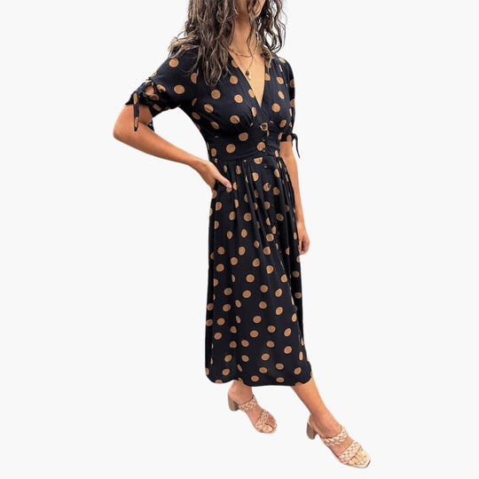 Women's Midi Dress with V-Neck and Belted Waist