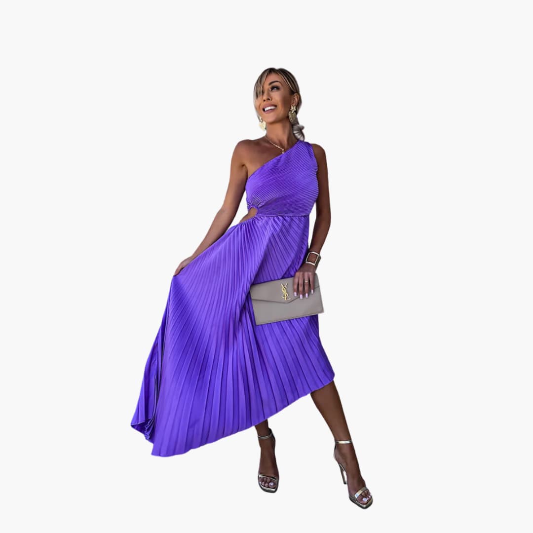 Women's Midi Dress with One-Shoulder Neckline and Pleated Design