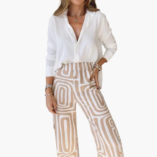 Women's Two-Piece Set with Long-Sleeve Shirt and Printed Wide-Leg Trousers