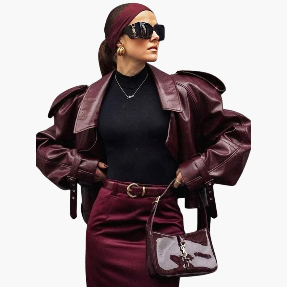 Women’s Cropped Biker Jacket with Front Buttons and Collar
