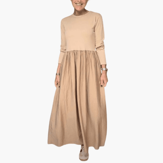 Women's Long Sleeve Midi Dress with Elastic Waist and Pockets