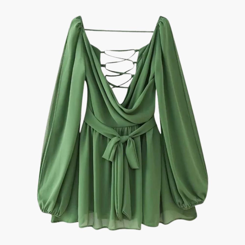 Women’s Airy Summer Mini Dress with Tie Waist and Balloon Sleeves