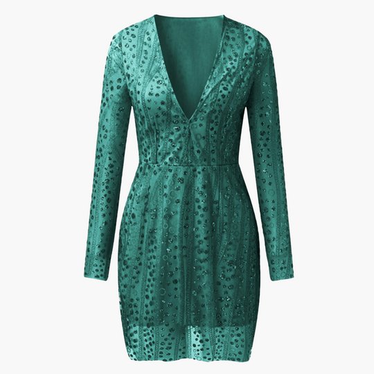 Women’s Sequin Mini Dress with Deep V-Neckline and Long Sleeves