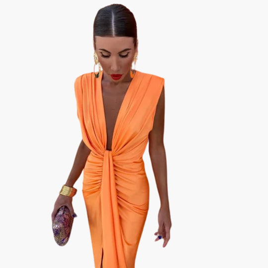 Women’s Midi Dress with Pleated Front and Slit