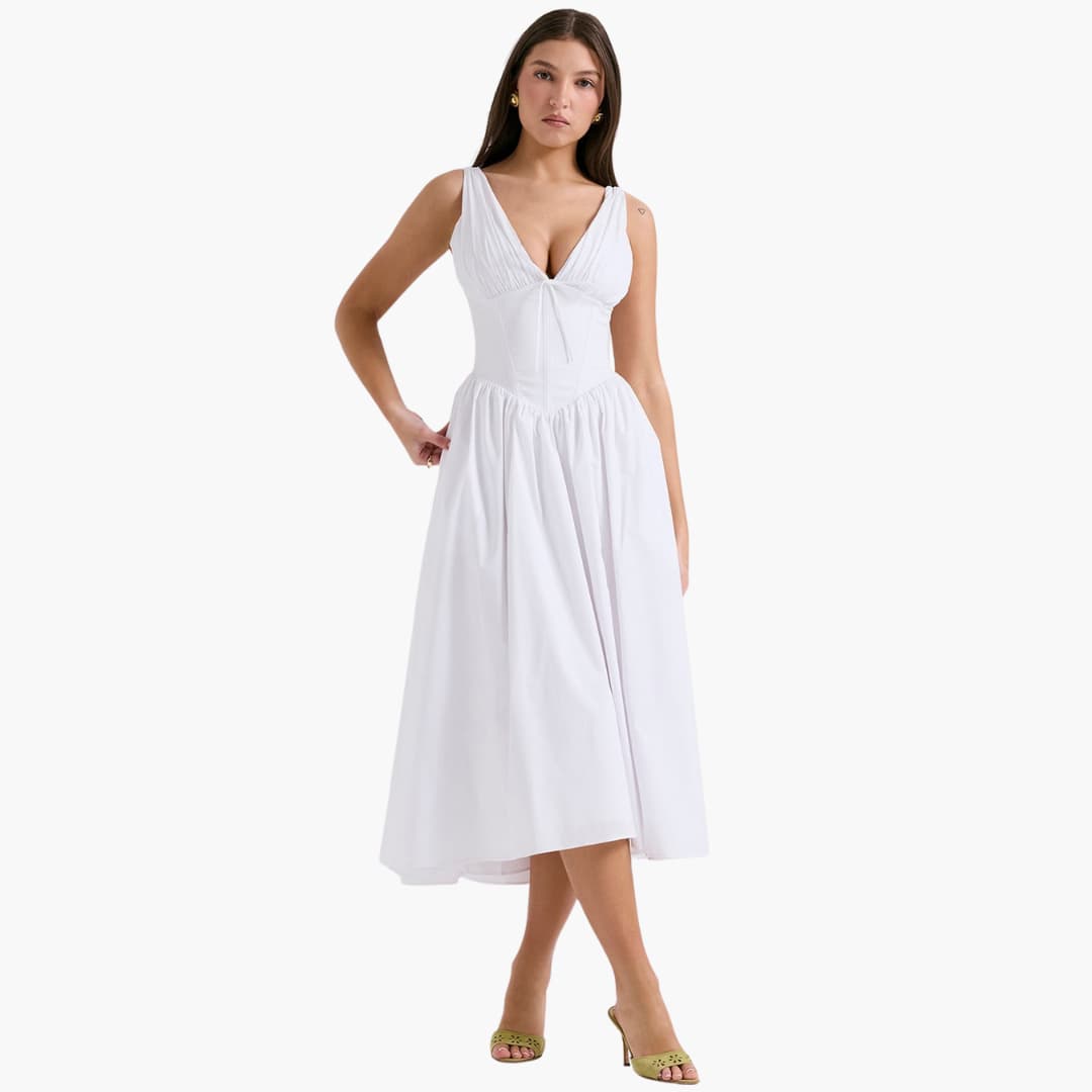 Women's Summer Midi Dress with Deep V-Neckline and Pockets