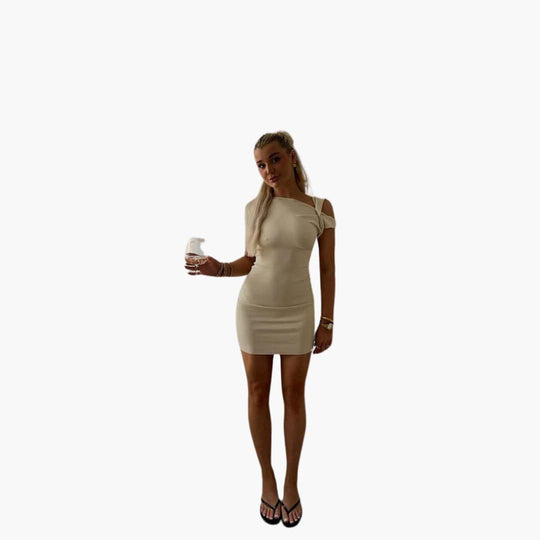 Women’s Mini Dress with Asymmetrical Neckline and Single Short Sleeve