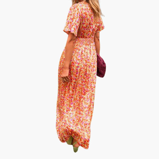 Women's Maxi Dress with Gathered Waist and Floral Print